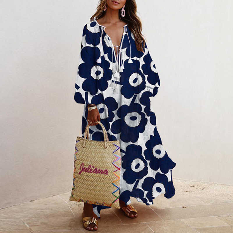 Spring and Summer Fashion Casual Loose Women's Dress Retro V-neck Printed Fringe Lace Long-sleeved 210615Z