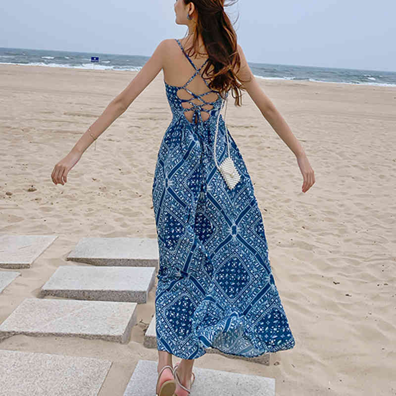 Summer Bohemian Dress Women Spaghetti Strap Sexy Beach Female Cross Bandage Holiday Print Ladies es Robe 13237 210508