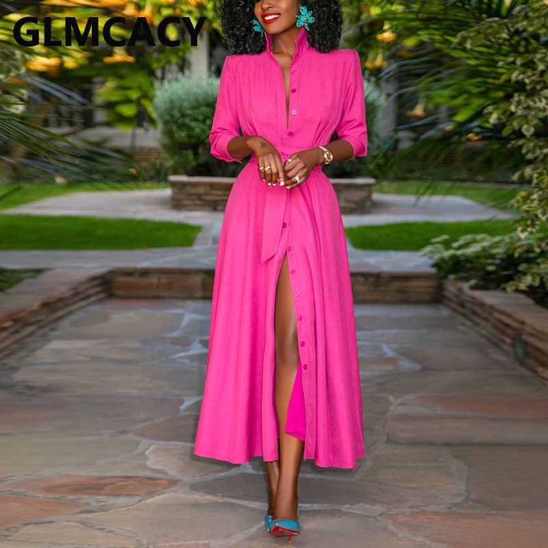 Half Sleeve Elegant Belted Button Down Slit Maxi Dress 210702