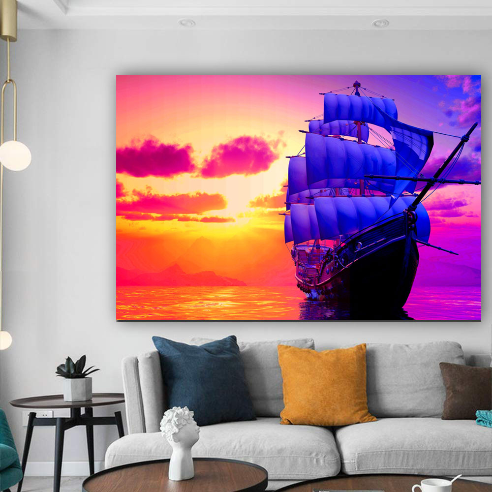 Modern Wall Art Canvas Painting Sunrise Colorful Sky Clouds Boat Pictures Seascape Poster For Living Room Home Decor No Frame