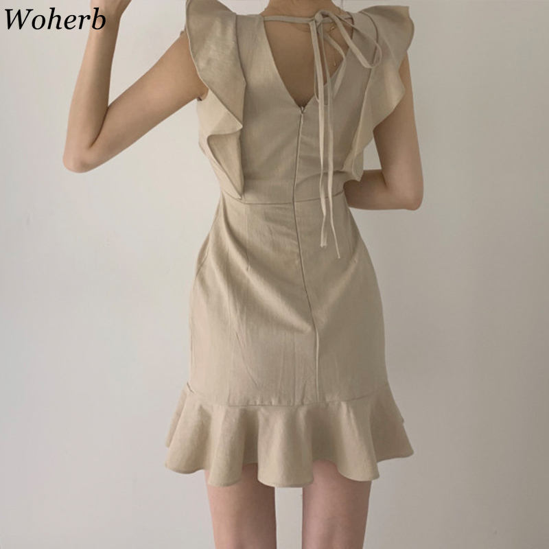 Elegant Mini Dress Women V Neck Sleeveless Robe Ruffle Flying Sleeve Bodycon Slim Vestidos Korean Ruffles Mermaid Dresses 210519