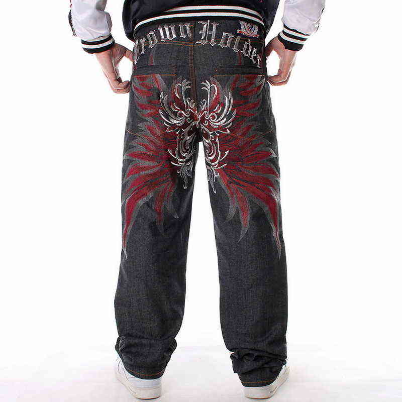 Men Street Dance Hiphop Jeans Fashion Embroidery Black Loose Board Denim Pants Overall Male Rap Hip Hop Jeans Plus Size 30-46 211120
