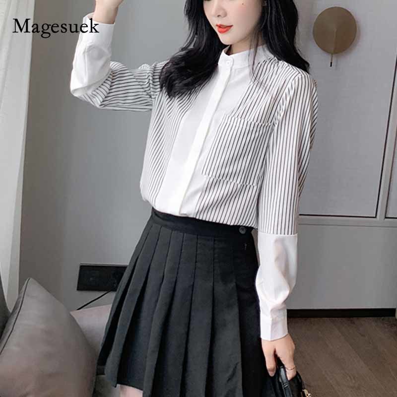 Striped White Woman's Shirts Splicing Fashion Women Blouses Female Autumn Long Sleeve Chiffon Blouse Vintage Ropa De Mujer 10902 210518