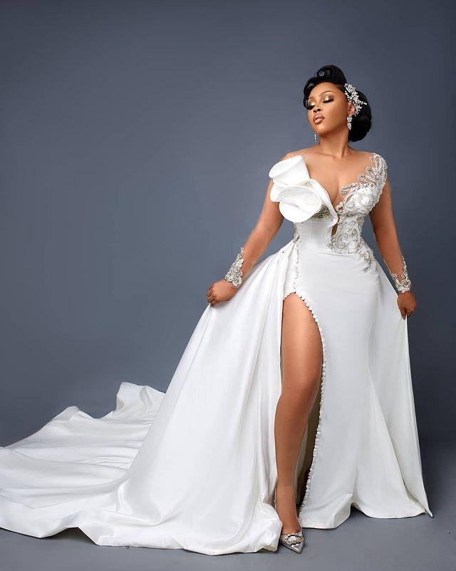 Arabic Aso Ebi Mermaid Lace Crystals Wedding Gowns Sheer Neck High Split Detachable Long Sleeve African Nigerian Bridal Dresses