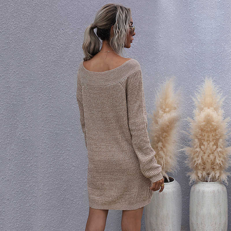 ly Low-Cut V-Neck Sexy Sweater Long Sleeve Knitwear Pullovers Loose Female Bottoming Off-The-Shoulder Dress Jumper Tops 210914