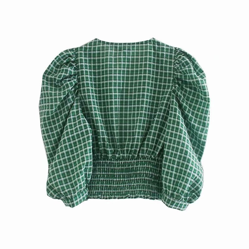 vintage green v neck women short blouses summer fashion lantern sleeve ladies shirts casual plaid female blouse 210430