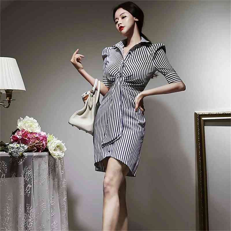 Fashion Women Stripe Shirt Dress Korea Temperament turn Down Collar Puff Sleeve High Waist Ruched Casual Mini 210519