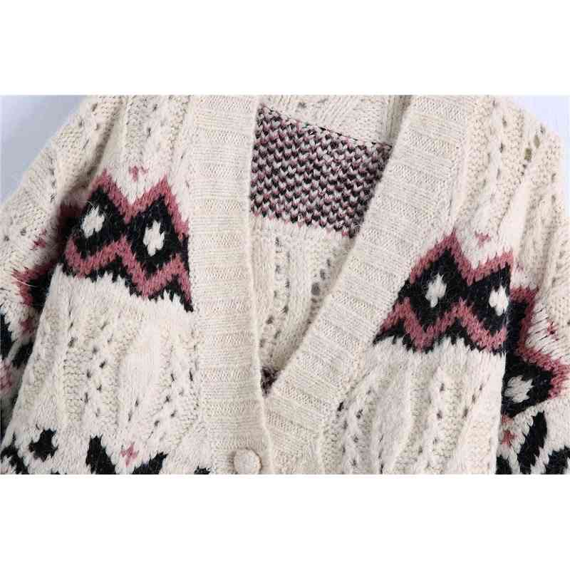 Streetwear Women Geometry Jacquard Sweater Fashion Ladies V-Neck Knitted Tops Causal Female Chic Loose Cardigan 210527