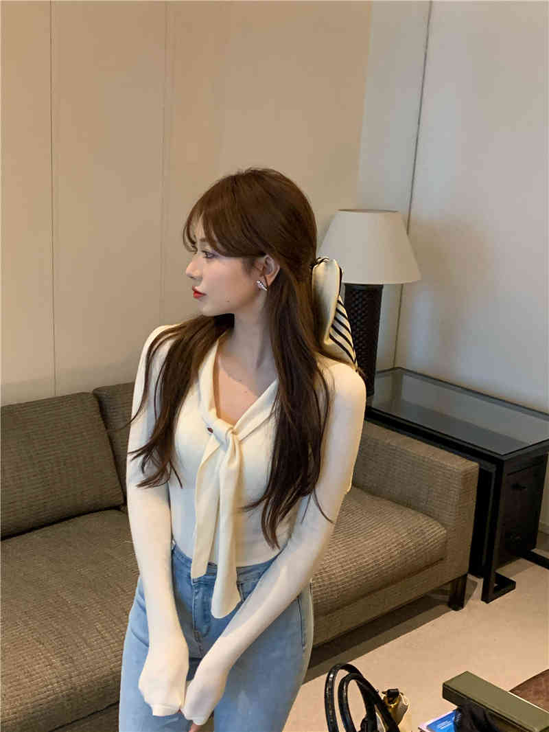 2 colors autumn korean style women slim tops tie collar solid color long Sleeve t-shirt Womens Tees shirt femme (R99440) 210508