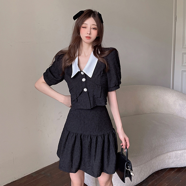 Summer Women Two Piece Set Casual Sweet Turn Down Collar Single Breasted Crop Tops + High Waist A-line Mini Skirt Outfits 210519
