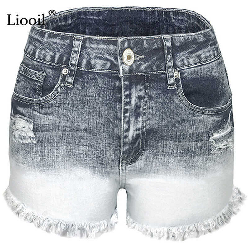 Liooil Patchwork Hole High Waisted Ripped Short Jeans with Tassel Women Button Zipper Pockets Washed Distressed Sexy Shorts 210714