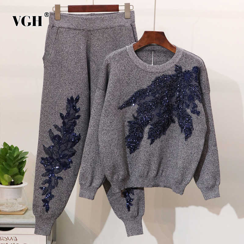 VGH Casual Embroidered Sequin Sets For Women O Neck Long Sleeve Tops High Waist Pants Print Two Piece Set Female Fashion 210930