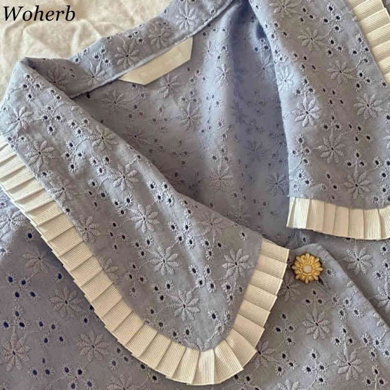 Peter Pan Collar Blouse Women Spring Summer Korean Chic Elegant Lace Hollow Out Female Shirt Casual All Match Blusas 210519