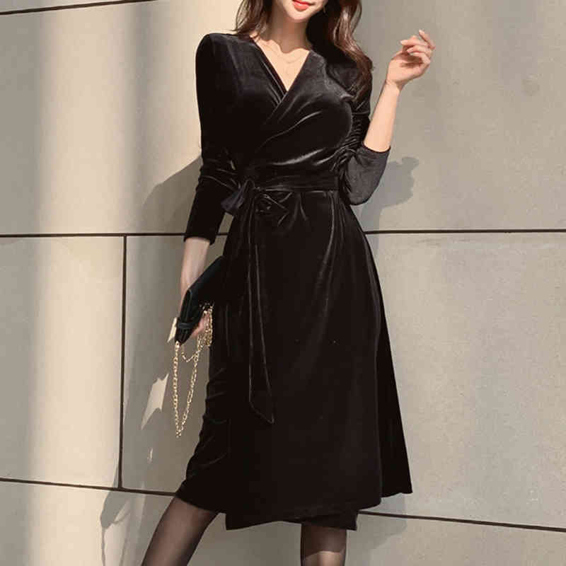Autumn Winter Gold Velvet Dress Women Vintage Elegant V-Neck Tie Up Office Lady Knee-Length Vestidos 210520