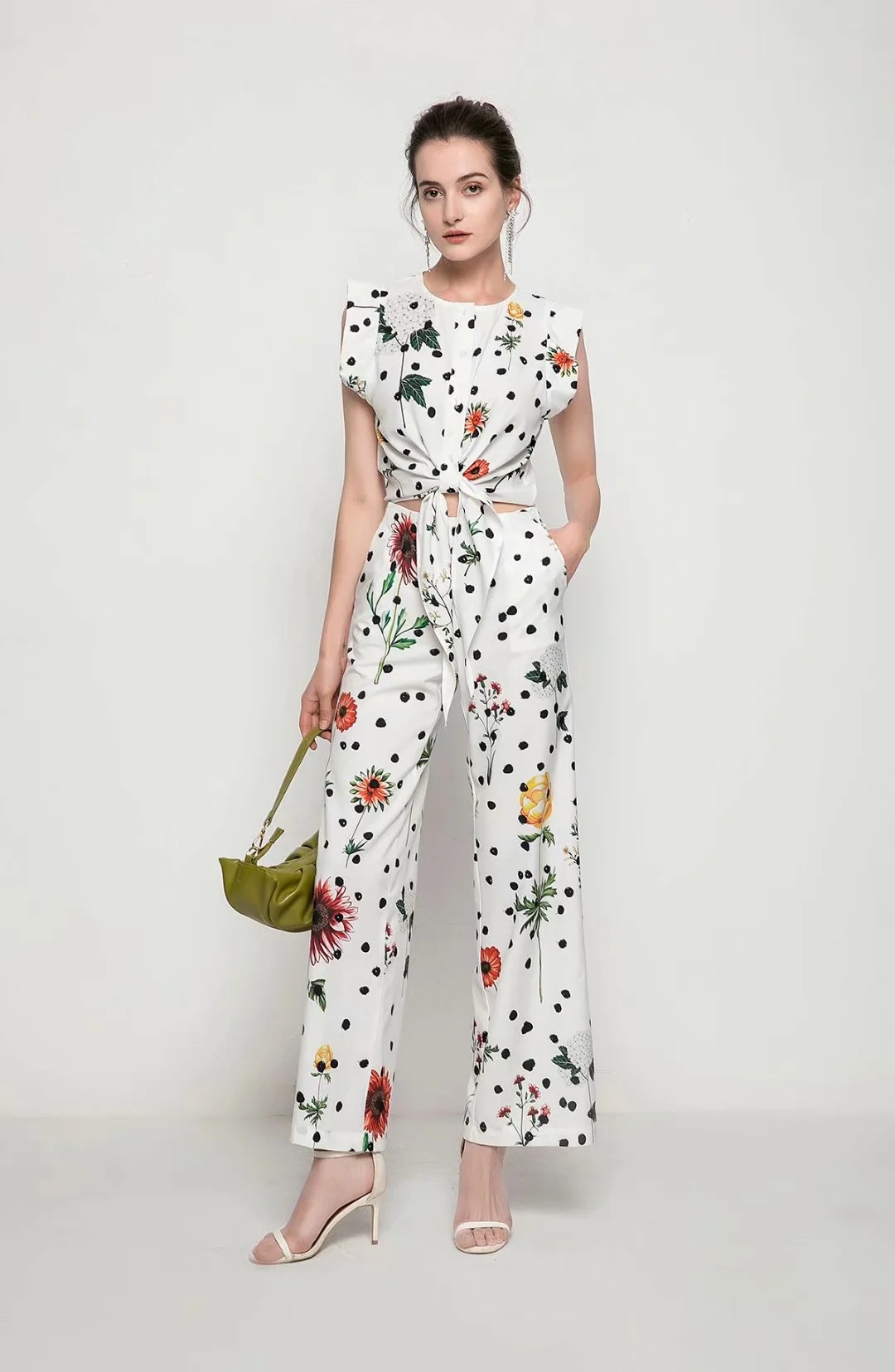 Women's Two Piece Pants Sets O Neck Flare Sleeves Lace Up Blouse with Printed Long Pant Fashion Runway Twinsets