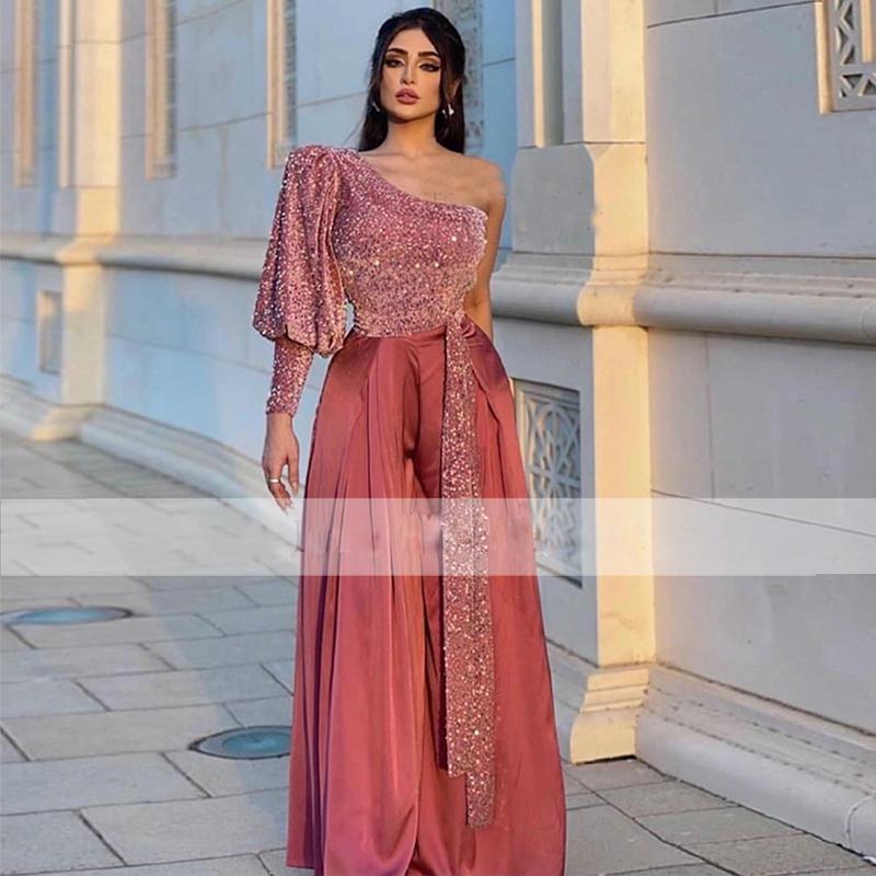 Causal Dusty Pink One Shoulder Jumpsuit Evening Dresses For Women 2022 Long Sleeve Sparkly Sequined Pant Suits Prom Dress Special Occasion Gowns Custo