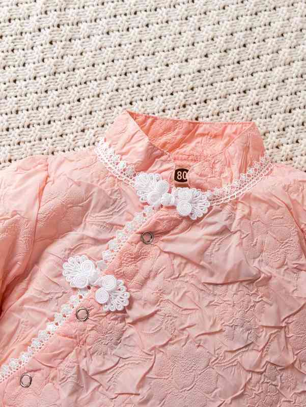 Baby Textured Mandarin Collar Flounce Cuff Frog Button Bodysuit SHE