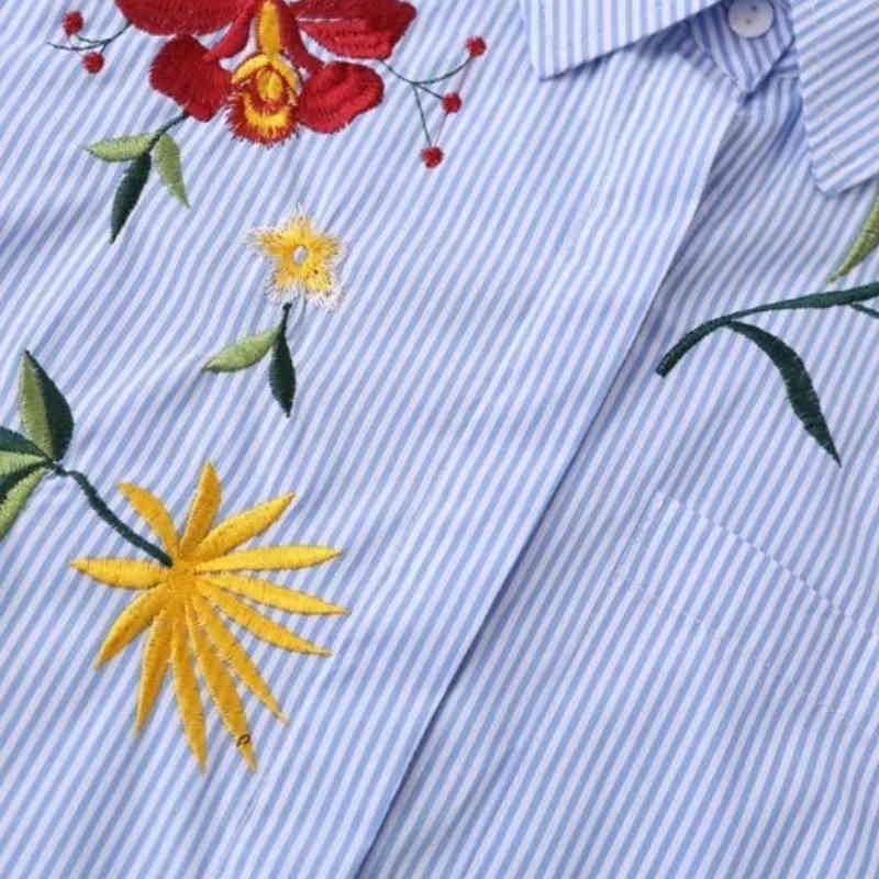 Fashion Women Embroidery Blouses Long Sleeve Loose Shirts Turndown Collar Striped Tops Camisas Femininas S980 210430