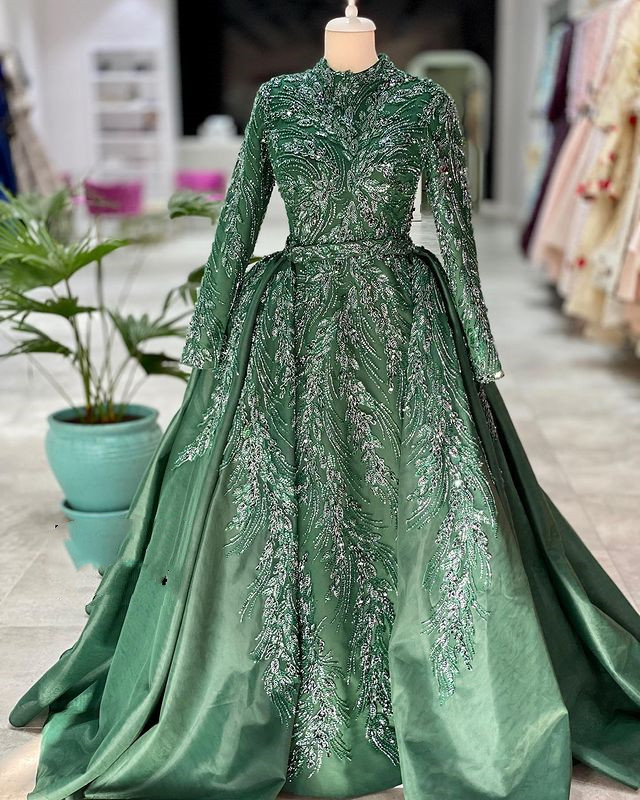 2022 Plus Size Arabic Aso Ebi Hunter Green Muslim Luxurious Prom Dresses Lace Beaded Evening Formal Party Second Reception Gowns Dress ZJ221