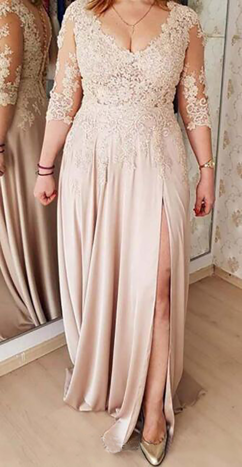 Plus Size Mother Of The Bride Dresses A line Champagne 3/4 Sleeves Chiffon Appliques Long Groom Mother Dresses For Weddings