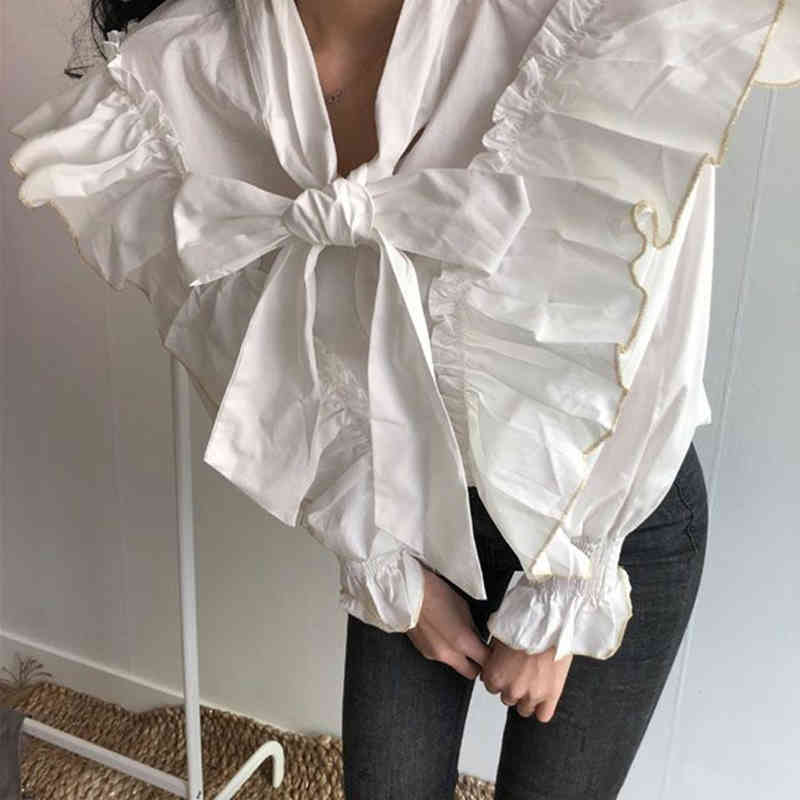 Women White Blouse Spring Korean Style Fashion Lace Bow Long-Sleeve Shirt Loose Black Female Tops 0735J 210420