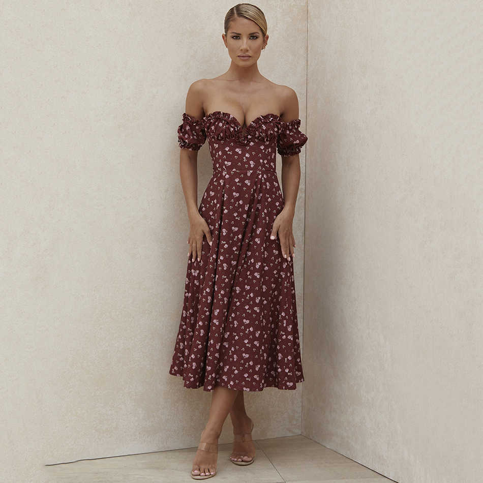 Fall Women'S Fashion Print Dress Vestidos Sexy Strapless Short Sleeve Runway Celebrity Club Party Long 210527