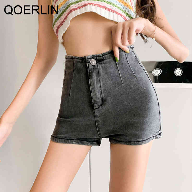 QOERLIN Vintage High Stretch Skinny Denim Shorts Sexy High Waist Tight Hip Plus Size Black Jeans Shorts Women Korean Style SL 210412