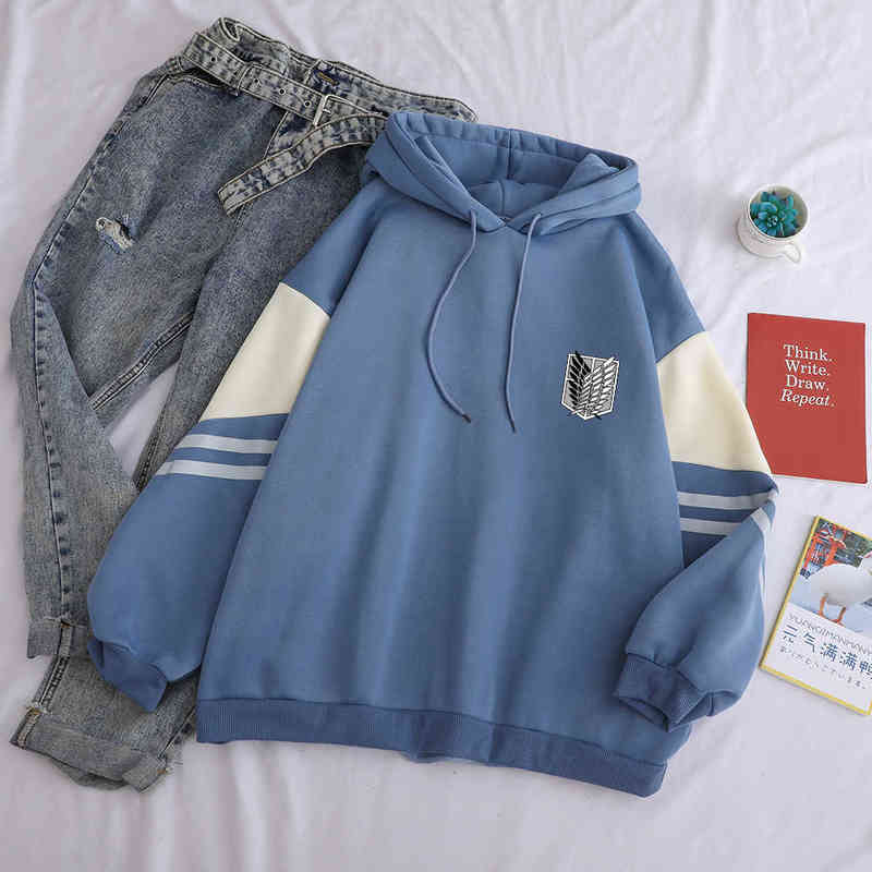 Attack on Titan Shield Printed Hoodies Autumn Winter Fleece Casual Spell Color Splicing Sweatshirt Loose Harajuku Kawaii Clothes 211206