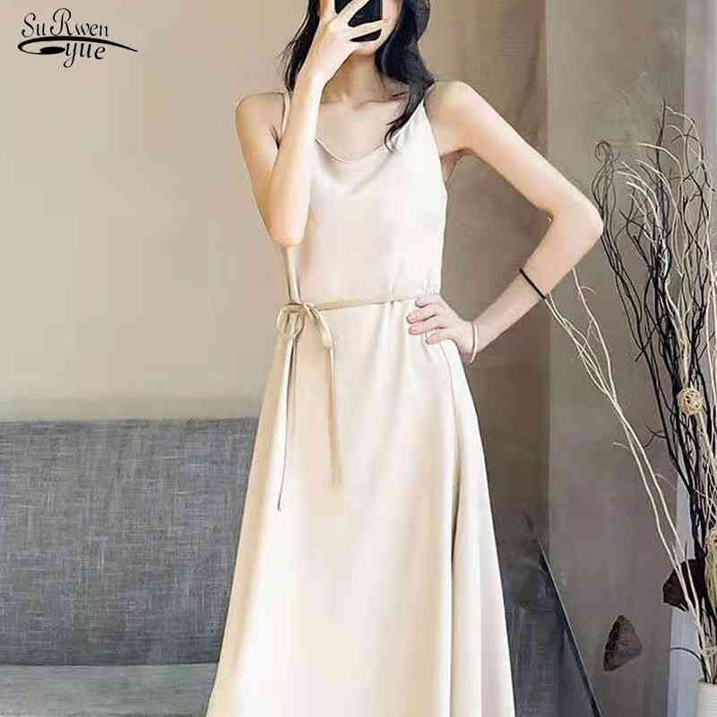 Korean Satin Dress for Women Sleeveless Sexy Party Midi es Plus Size Solid O Neck White Long Sukienki 14496 210508