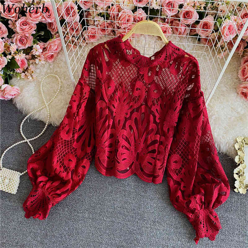 Blusas Mujer De Moda Stand Neck Lantern Sleeve Shirts Tops Hollow Out Chic Loose See Through Blouses Women 210519