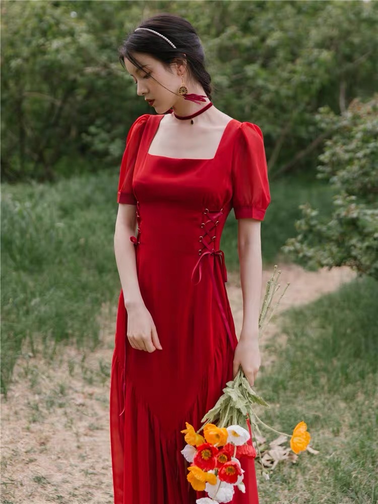 red dress women straw string square collar lace up puff sleeve A-line Lolita midi chic summer robe femme vestidos 210421