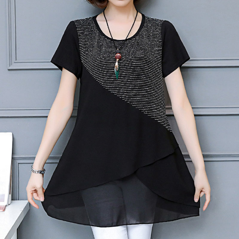 Womens tops and blouses plus size chiffon blouse shirts ladies short spliced women clothes black 3530 50 210427