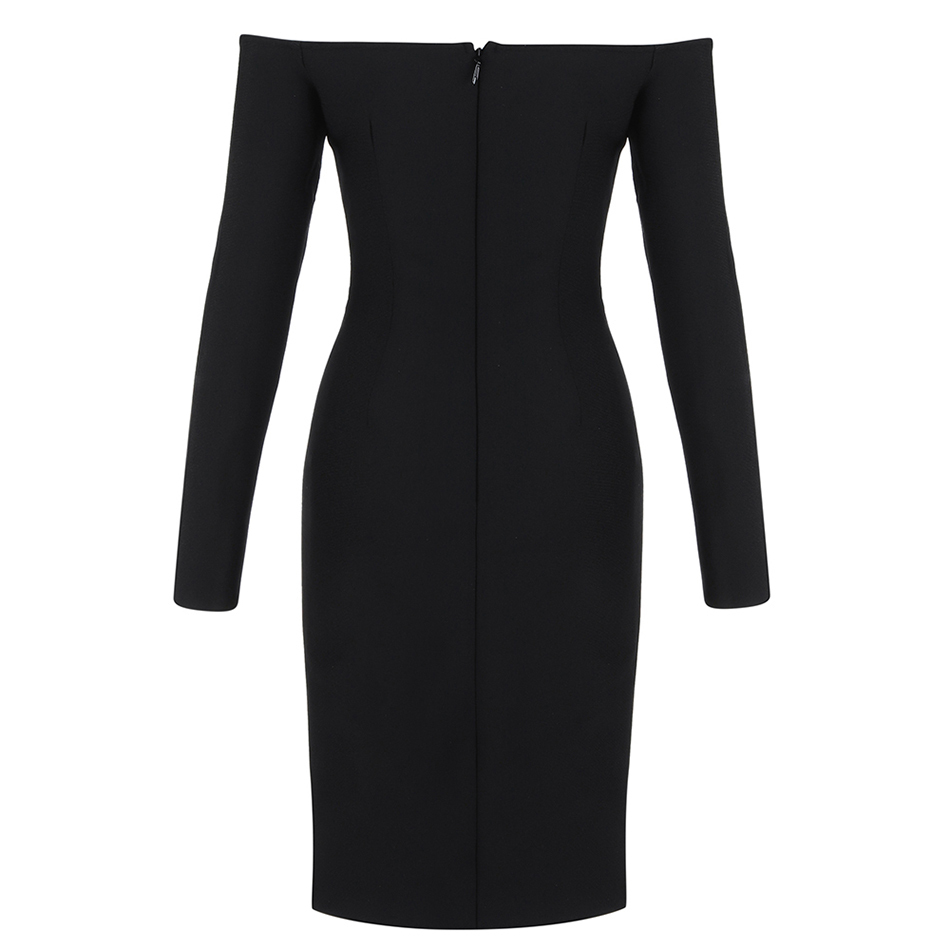Free Black Ladies Bandage Dress Sexy V-neck Card Shoulder Long Sleeve Bodycon Split Club Party Vestidos 210524