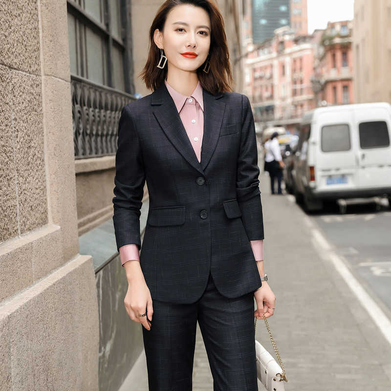Navy Blue Plaid Suit Higt Eed Formal Interview Business Slim Blazer And Pants Office Ladies Fashion Work Wear Black 210604