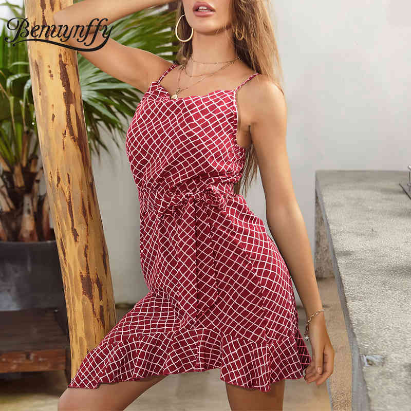 Grid Print Ruffle Hem Spaghetti Strap Dresses Women Backless Sexy Plaid Sleeveless Beach Summer Cami Dress with Belt 210510