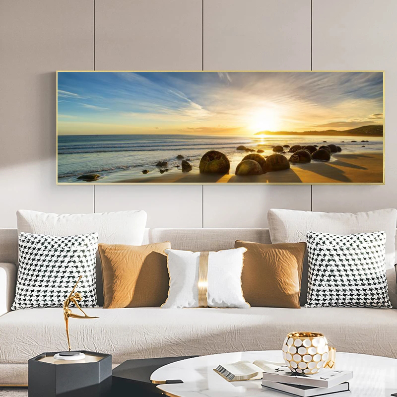 Natural Blue Sky Stone Beach Sunset Landscape Posters and Prints Canvas Painting Scandinavian Wall Art Picture for Living Room