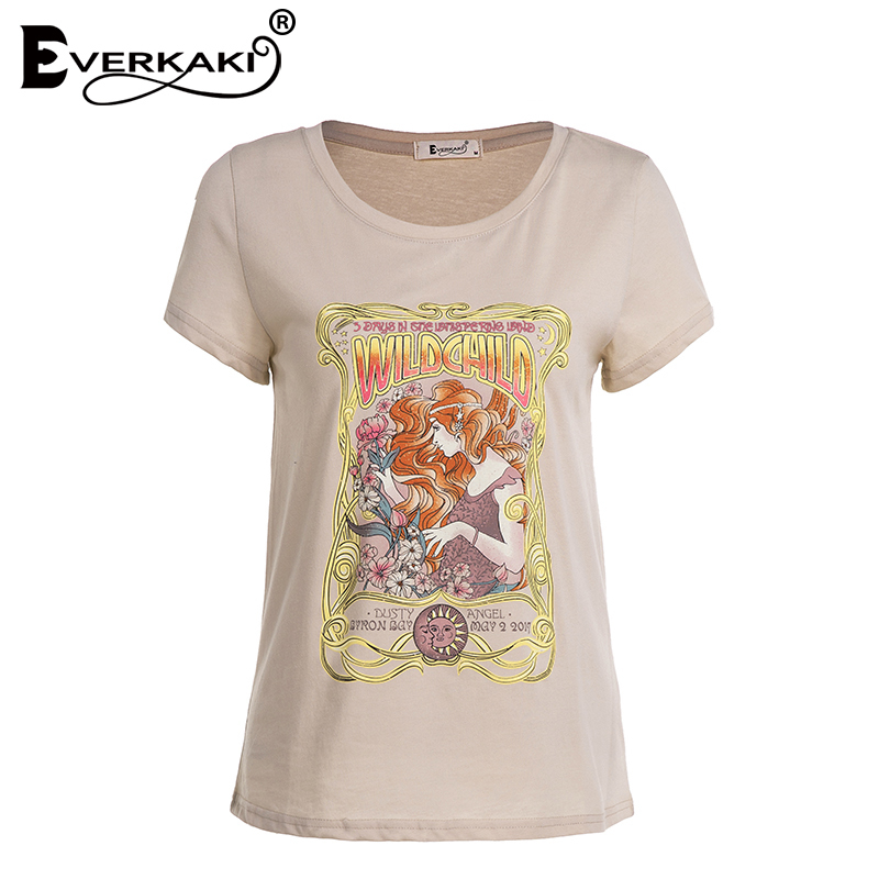 Everkaki Boho Gypsy Girl Print T-shirt Tops Retro Cotton Apricot O Neck Bohemian Top T-shirts Female Spring Summer New 210401