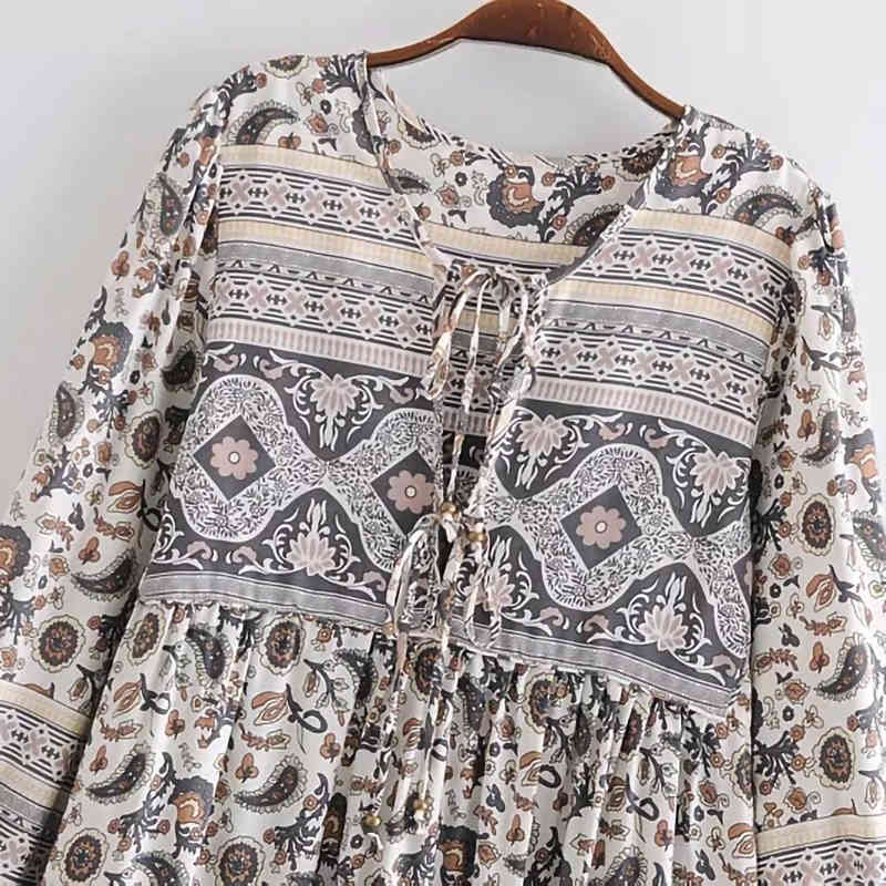 Women Chic Lace-Up Bohemian Midi Dress Beach Long Sleeve Rayon Tassel Floral Printed Empire Waist Boho Femme Vestidos 210521