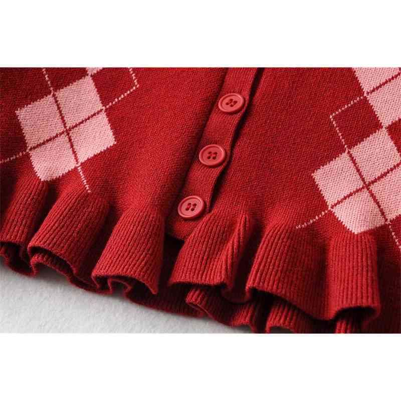 Vintage 90s Wood ears Argyle Plaid Knitting Cardigan Women Crop Sweater Elastic Waist Package Hips Mini Skirt 2 Pieces Set Y2K 210429