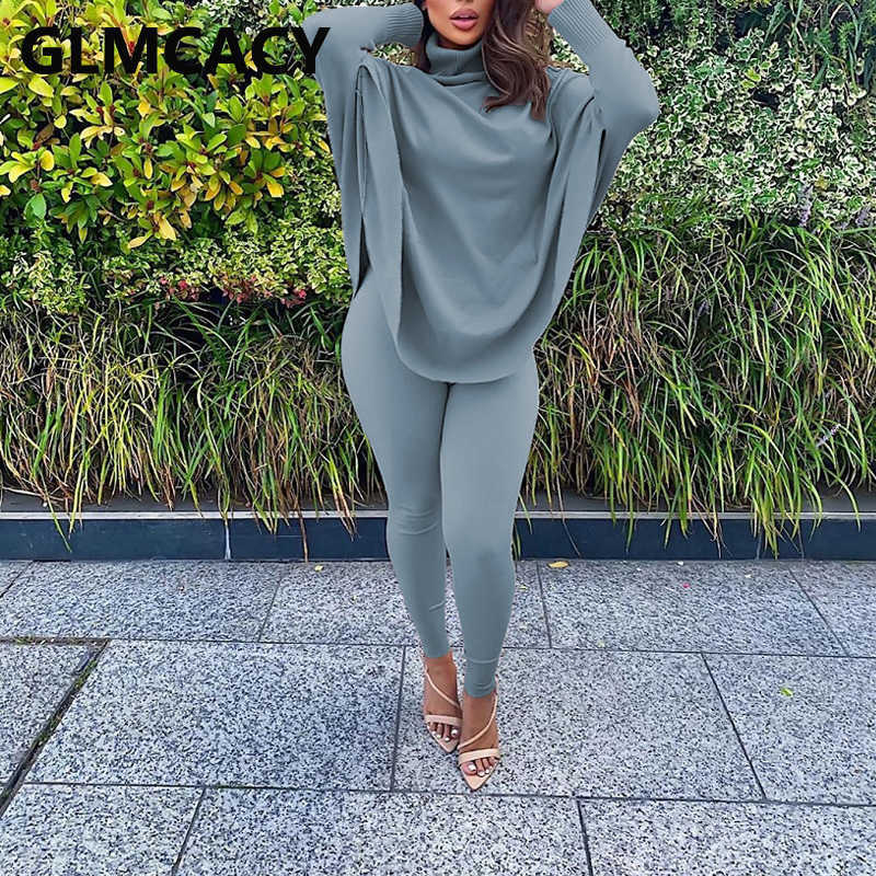 Women Two Piece Classy Suits Batwing Sleeve Turtleneck Top & Skinny Pants Set 211007