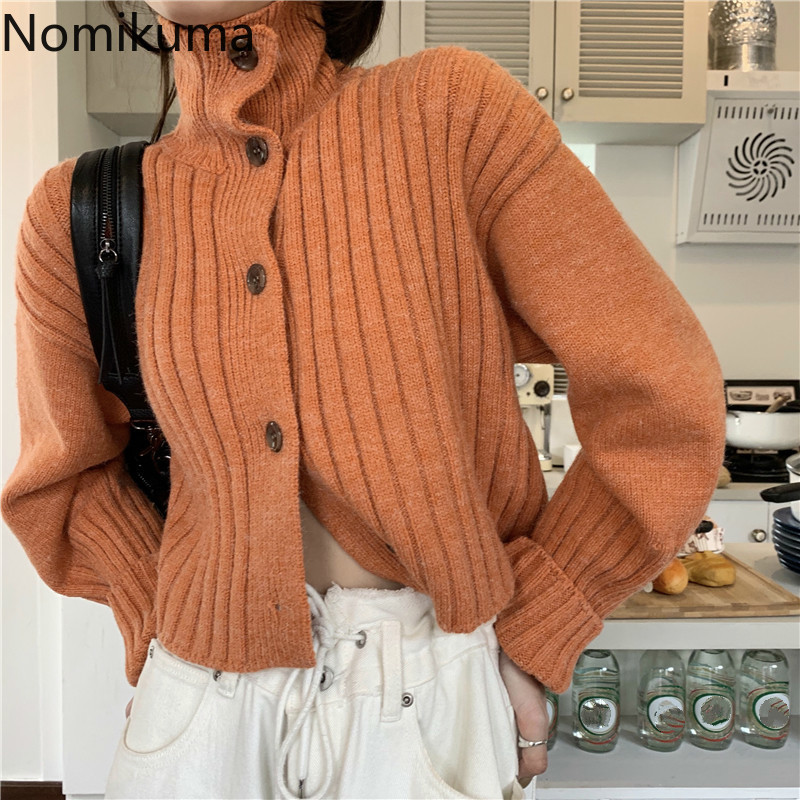 Nomikuma Short Knitwear Cardigan Autumn Winter Turtleneck Long Sleeve Sweater Coat Causal Solid Korean Knitted Jacket 6D231 210427