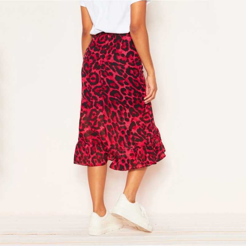Leopard Long Skirt Women High Waist Midi Female Office Ruffle Animal Print s Womens Summer Red Casual 210607