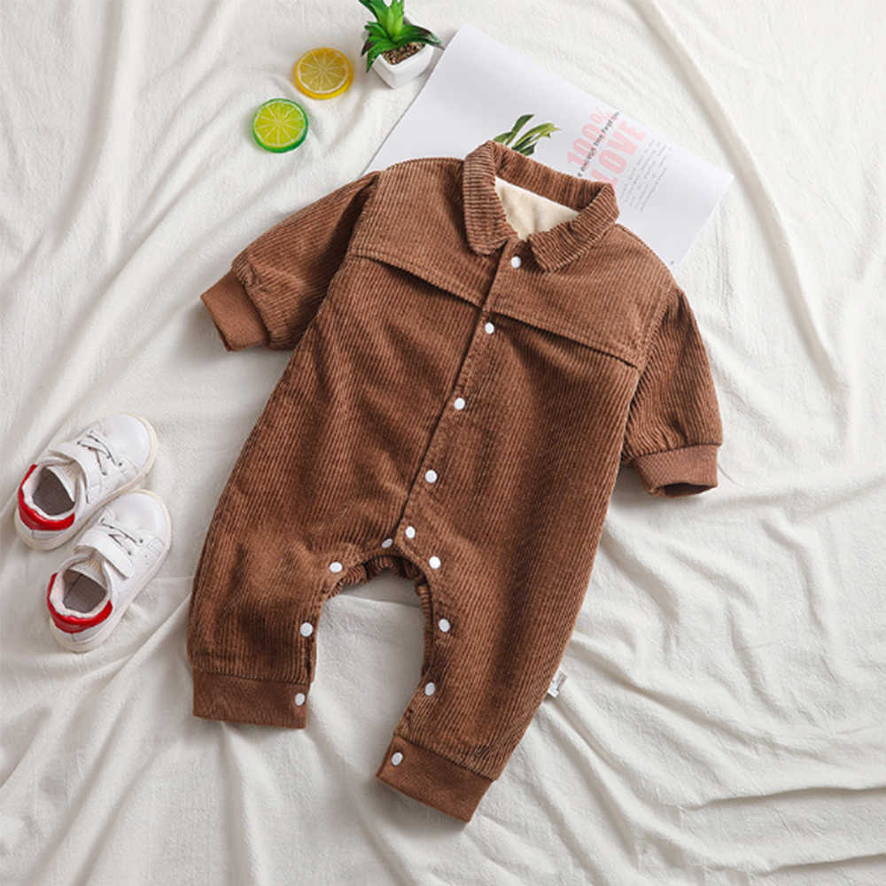 Mudkingdom Winter Baby Romper Corduroy Collared Fleece Lined Jumpsuits Clothes 210615