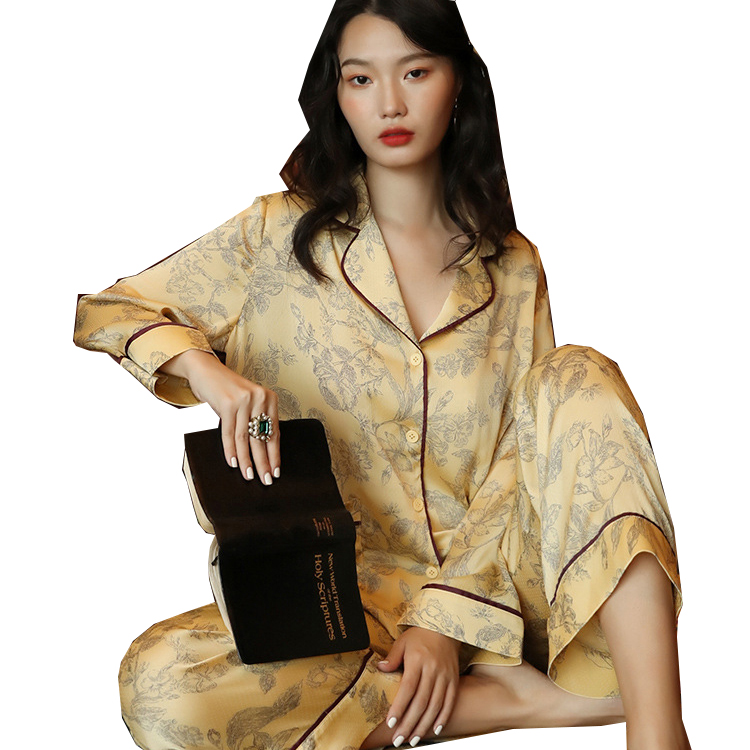 Yellow Printed Pajamas Sleepwear Textile Spring Ice Silk Lapel Ladies Pyjamas Fashion Women Home Clothing Set, As pic
Yellow Printed Pajamas Sleepwear Textile Spring Ice Silk Lapel Ladies Pyjamas Fashion Women Home Clothing Set, As pic