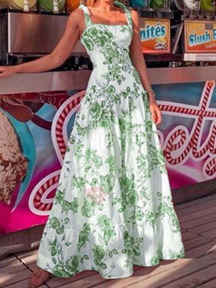 Women's Sexy Slim Dress Summer Casual Spaghetti Strap Square Collar Floral Print Backless Dresses