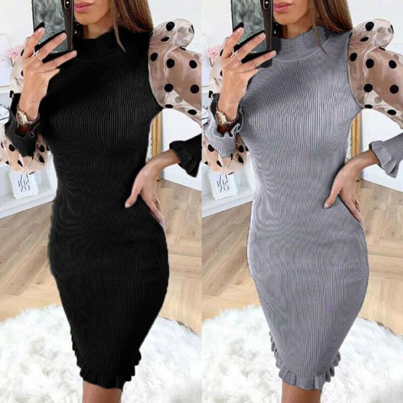 Fashion Polka Dot Mesh Sheer Puff-Sleeve Women Dress Ladies Autumn Knitted Slim Pencil Casual Dresses