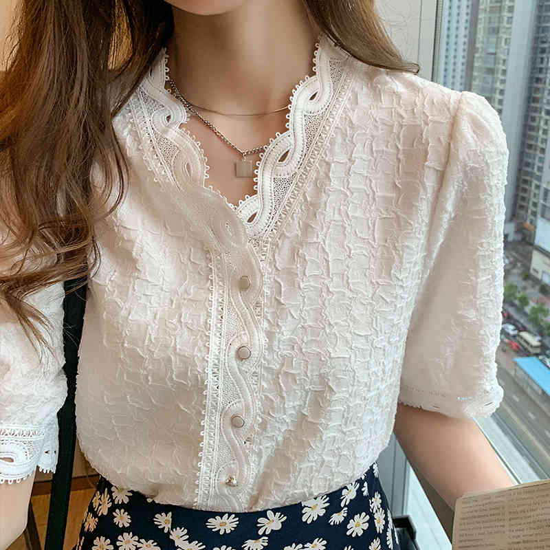 Vintage Puff Sleeve White V-Collar Chiffon Blouse Lace with Button Lady's Top Short Slim Cardigan Shirts Blusa 10051 210506