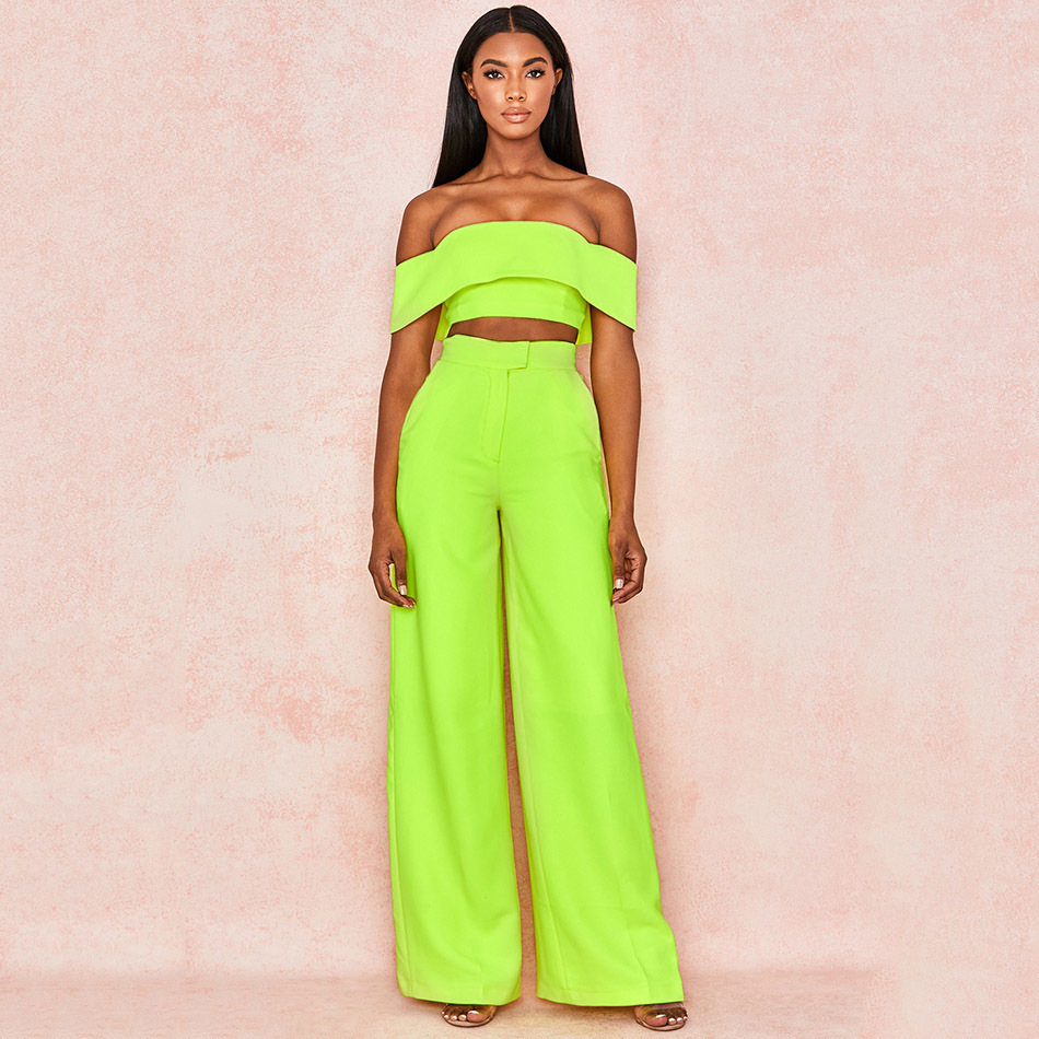Arrival Women's Neon Sexy Off-Shoulder Tube Top and Wide Leg Pants 2 Piece Celebrity Party Set 210525