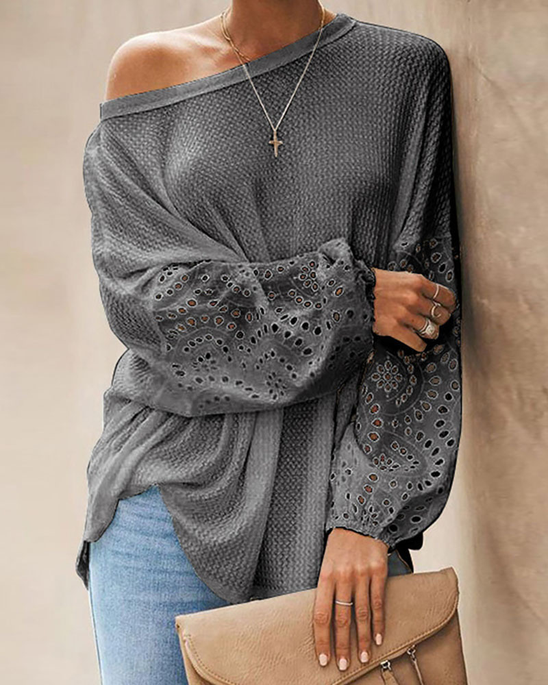 Spring Autumn Women's Lantern Sleeve Top New Femme Elegant One Shoulder Eyelet Embroidery Blouse Office Lady Casual Clothes 210415