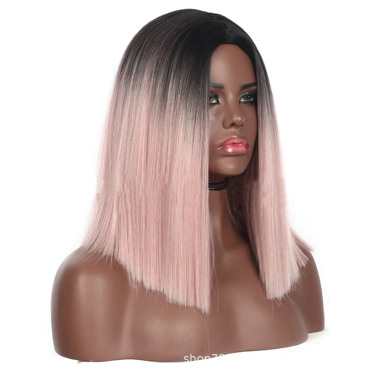 Beautiful Middle Long Straight Pink Ombre Synthetic Fiber BOB Wig for Women free shiping